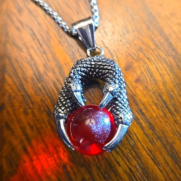 Dragon Claw Red Stone Stainless Steel Pendant 21.5" Necklace - Picture 1 of 11